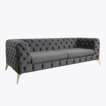 Divano 2 posti design chesterfield in velluto grigio scuro e gambe oro Jaguar Babyface20 194x92x77H