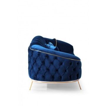 Divano 3 posti design chesterfield in velluto avvolgente blu e gambe oro Bentley Babyface14 250x88x88H