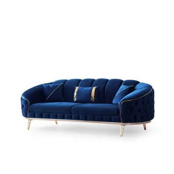 Divano 3 posti design chesterfield in velluto avvolgente blu e gambe oro Bentley Babyface14 250x88x88H