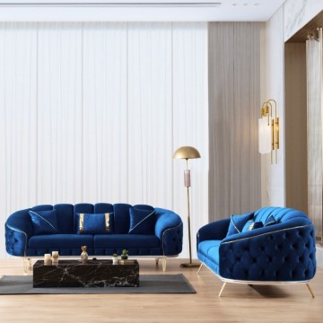 Divano 3 posti design chesterfield in velluto avvolgente blu e gambe oro Bentley Babyface14 250x88x88H