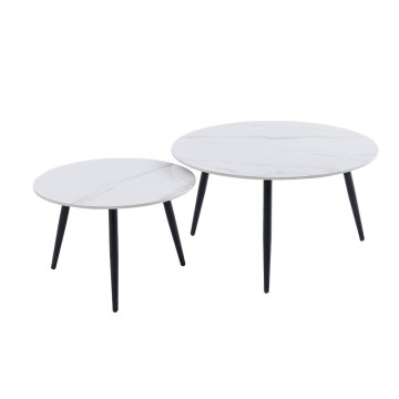 Set 2 tavolini da salotto piano in ceramica effetto marmo bianco lucido e gambe nere BICOLOR