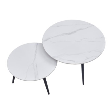 Set 2 tavolini da salotto piano in ceramica effetto marmo bianco lucido e gambe nere BICOLOR