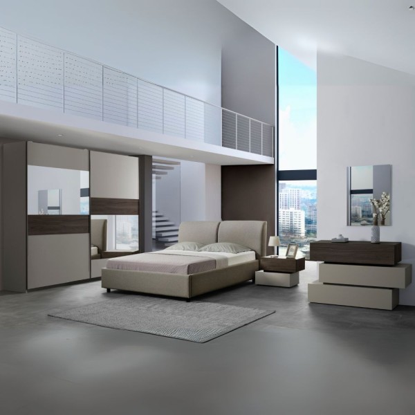 Camera da letto tortora e noce armadio 2 ante scorrevoli con specchi e letto contenitore Kendra Camera da letto tortora e noce armadio 2 ante scorrevoli con specchi e letto contenitore Kendra