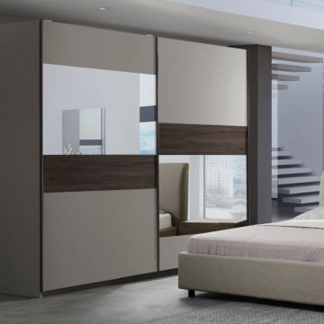 Camera da letto tortora e noce armadio 2 ante scorrevoli con specchi e letto contenitore Kendra