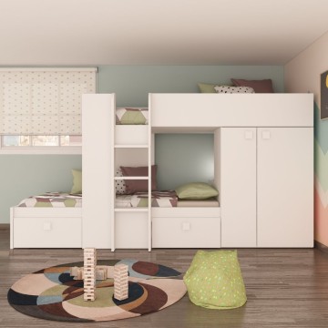 Letto a castello bianco con armadio e cassetti 1277 295x110x150H