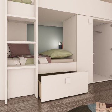 Letto a castello bianco con armadio e cassetti 1277 295x110x150H
