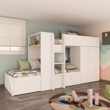 Letto a castello bianco con armadio e cassetti 1277 295x110x150H