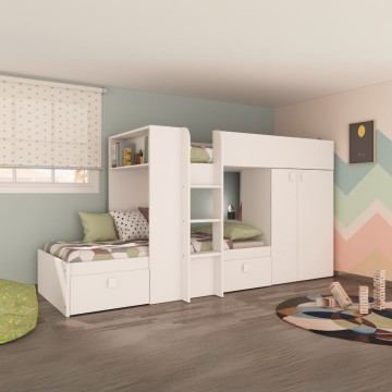 Letto a castello bianco con armadio e cassetti 1277 295x110x150H