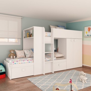Letto a castello bianco con armadio e cassetti 1277 295x110x150H