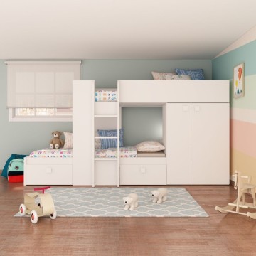 Letto a castello bianco con armadio e cassetti 1277 295x110x150H
