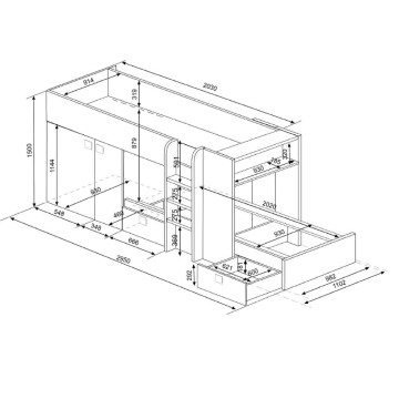 Letto a castello bianco con armadio e cassetti 1277 295x110x150H