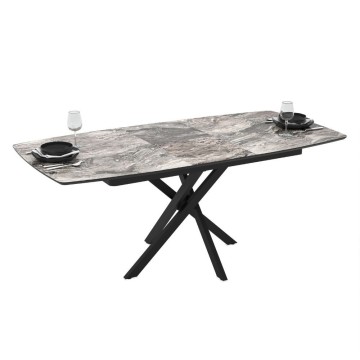 Tavolo allungabile piano effetto marmo arabesque nero lucido e gambe in metallo nero Filis 145x90x76H