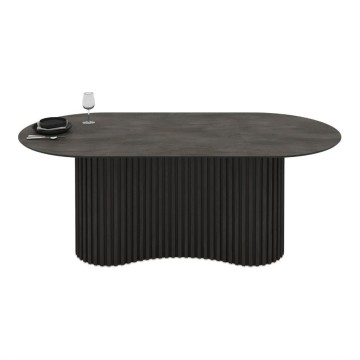 Tavolo ovale fisso piano effetto marmo ardesia opaco e base in Legno cannettata Oscar 200x100x76H
