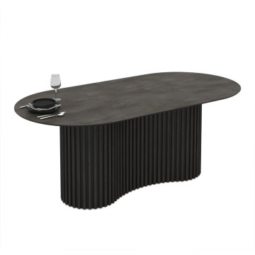 Tavolo ovale fisso piano effetto marmo ardesia opaco e base in Legno cannettata Oscar 200x100x76H
