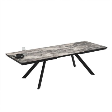 Tavolo allungabile piano effetto marmo nero arabesque lucido e gambe in metallo Corin 200x100x77H