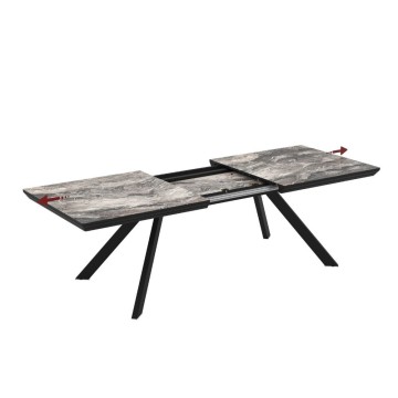 Tavolo allungabile piano effetto marmo nero arabesque lucido e gambe in metallo Corin 200x100x77H
