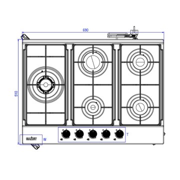 Piano Cottura gas 5 fuochi 70 cm acciaio inox Samet Ercole2