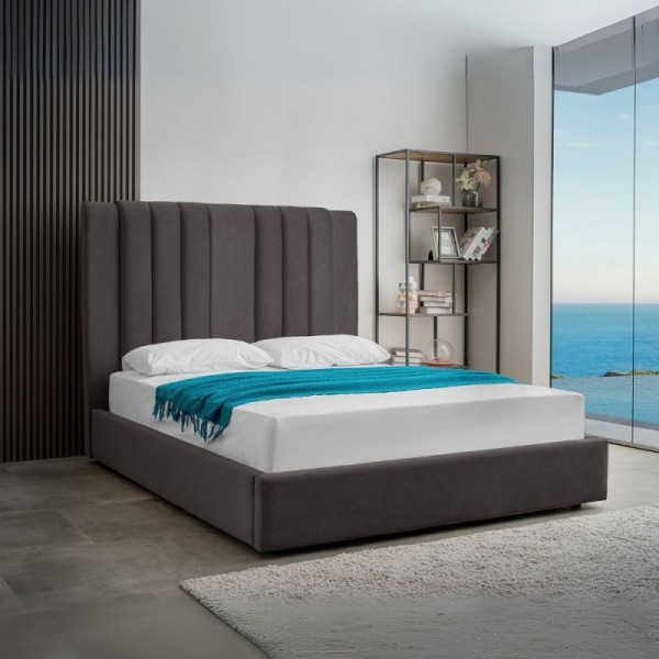 Letto matrimoniale Wilma imbottito con contenitore in tessuto Vogue colore grafite Letto matrimoniale Wilma imbottito con contenitore in tessuto Vogue colore grafite