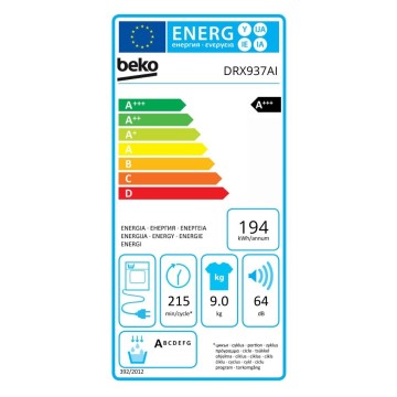 Asciugatrice 9 kg Beko DRX937AI motore inverter classe A +++ bianco