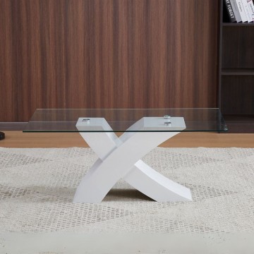 Tavolino da salotto Shiva piano in vetro e base bianca a incrocio 110x60x45H