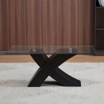 Tavolino da salotto Shiva piano in vetro e base nera a incrocio 110x60x45H