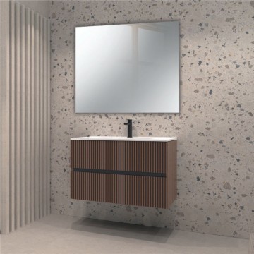 KIT MOBILE BAGNO SOSPESO BELFAST COLORE NOCE CANNETTATO 80*46CM CON DUE CASSETTONI + LAVABO + SPECCHIO