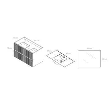 KIT MOBILE BAGNO SOSPESO BELFAST COLORE NOCE CANNETTATO 80*46CM CON DUE CASSETTONI + LAVABO + SPECCHIO