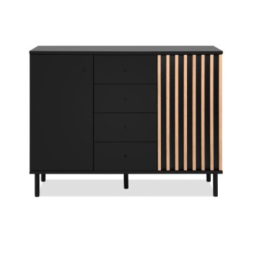 Madia moderna 3 ante e 4 cassetti nero con listelli rovere Monza 51C 160x40x90H