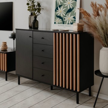 Madia moderna 3 ante e 4 cassetti nero con listelli rovere Monza 51C 160x40x90H