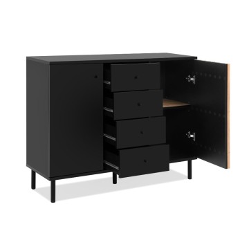 Madia moderna 3 ante e 4 cassetti nero con listelli rovere Monza 51C 160x40x90H