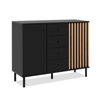 Madia moderna 3 ante e 4 cassetti nero con listelli rovere Monza 51C 160x40x90H
