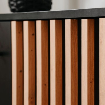 Madia moderna 3 ante e 4 cassetti nero con listelli rovere Monza 51C 160x40x90H