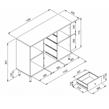 Madia moderna 3 ante e 4 cassetti nero con listelli rovere Monza 51C 160x40x90H