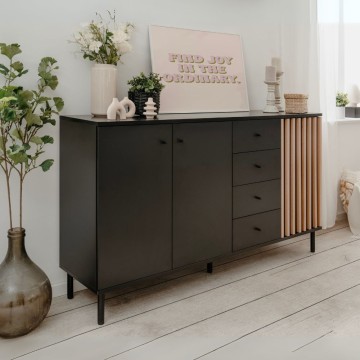 Madia moderna 3 ante e 4 cassetti nero con listelli rovere Monza 51C 160x40x90H