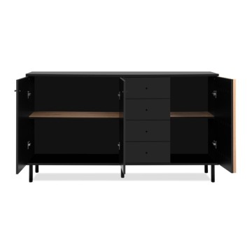 Madia moderna 3 ante e 4 cassetti nero con listelli rovere Monza 51C 160x40x90H