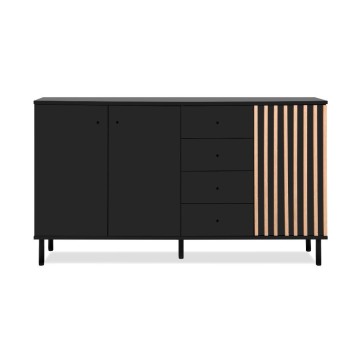 Madia moderna 3 ante e 4 cassetti nero con listelli rovere Monza 51C 160x40x90H