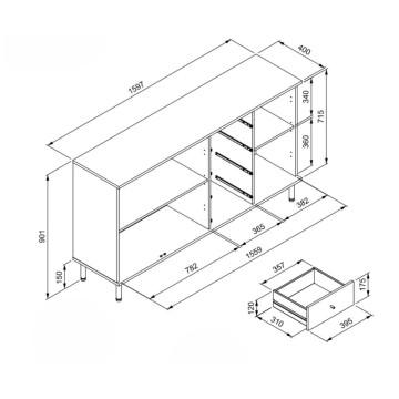 Madia moderna 3 ante e 4 cassetti nero con listelli rovere Monza 51C 160x40x90H