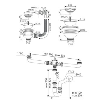 Sifone lavello a quarzo 2 vie attacco 1"  1/2  con pilettone ECO troppopieno rettangolare griglia inox SIFONEQUA