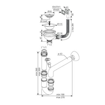Sifone lavello 1 via attacco 1"  1/2  con pilettone ECO e scarico lavastoviglie S471710