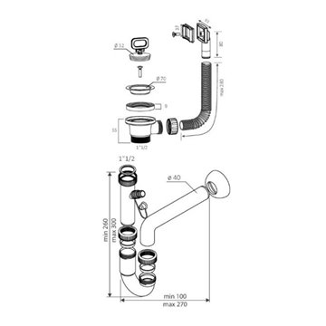 Sifone lavello 1 via attacco 11/4 con piletta da 2" e scarico lavastoviglie SIFONE1V114