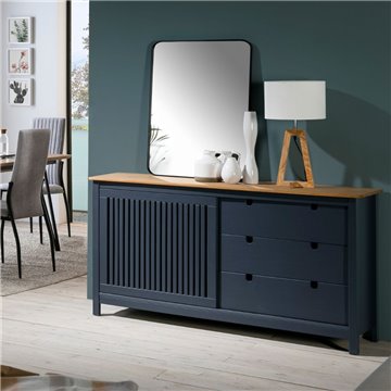 Credenza Bruna in legno massiccio colore grigio antracite e pino 150x40x80H - Anta scorrevole e 3 cassetti
