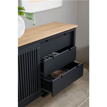 Credenza Bruna in legno massiccio colore grigio antracite e pino 150x40x80H - Anta scorrevole e 3 cassetti
