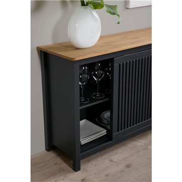 Credenza Bruna in legno massiccio colore grigio antracite e pino 150x40x80H - Anta scorrevole e 3 cassetti