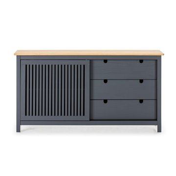 Credenza Bruna in legno massiccio colore grigio antracite e pino 150x40x80H - Anta scorrevole e 3 cassetti