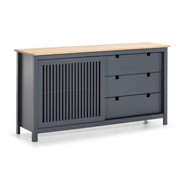 Credenza Bruna in legno massiccio colore grigio antracite e pino 150x40x80H - Anta scorrevole e 3 cassetti