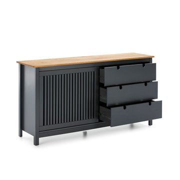 Credenza Bruna in legno massiccio colore grigio antracite e pino 150x40x80H - Anta scorrevole e 3 cassetti