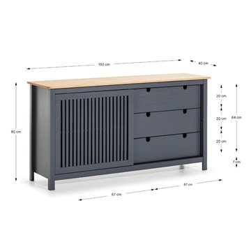 Credenza Bruna in legno massiccio colore grigio antracite e pino 150x40x80H - Anta scorrevole e 3 cassetti