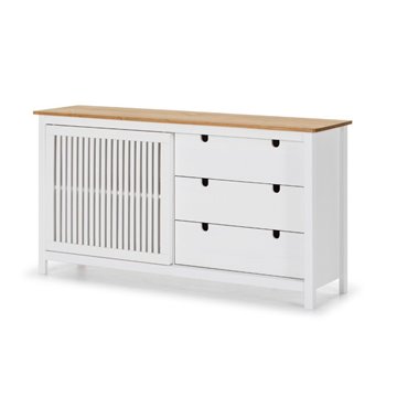 Credenza Bruna in legno massiccio colore bianco e pino 150x40x80H - Anta scorrevole e 3 cassetti