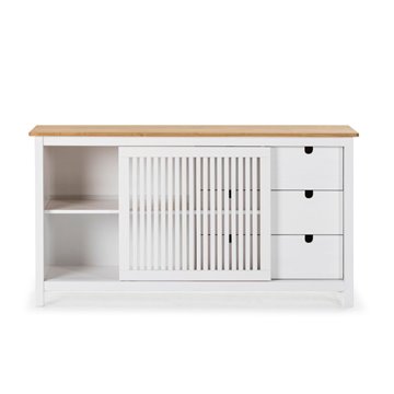 Credenza Bruna in legno massiccio colore bianco e pino 150x40x80H - Anta scorrevole e 3 cassetti