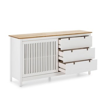 Credenza Bruna in legno massiccio colore bianco e pino 150x40x80H - Anta scorrevole e 3 cassetti